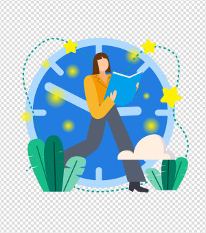 蓝色珍惜时间看书的女孩手绘