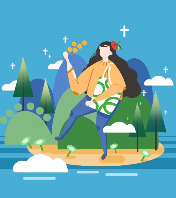 蓝色踏青游玩女孩卡通手绘