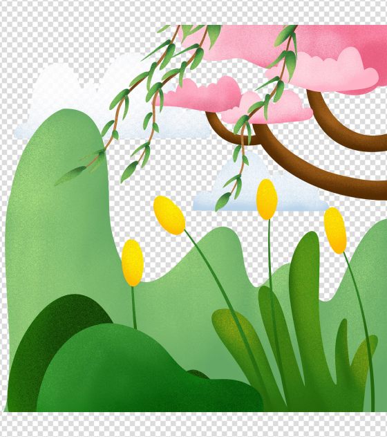 卡通绿色浮云杨柳清明节手绘元素
