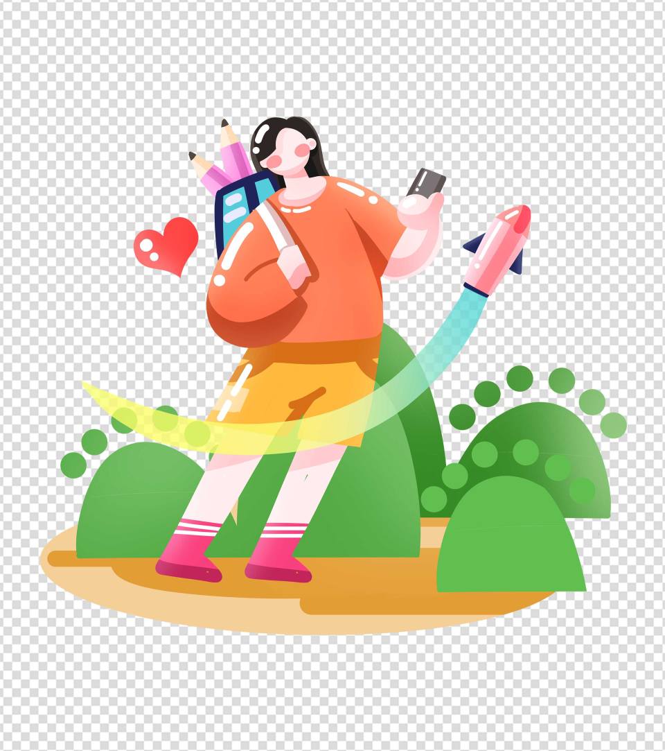 卡通女孩火箭青年节手绘元素