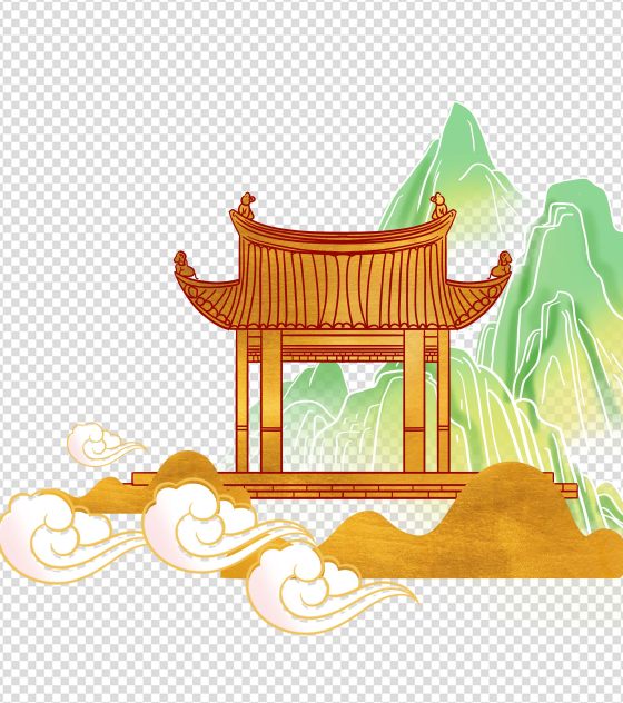 卡通国风鎏金浮云凉亭元素