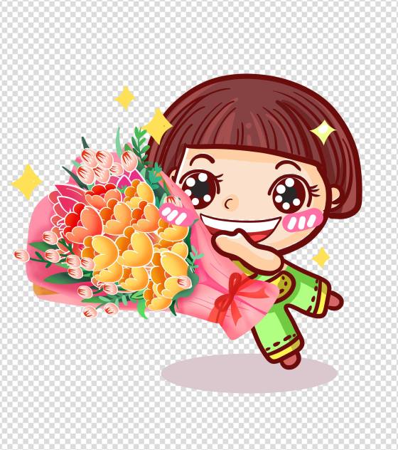 卡通女孩花束手绘元素
