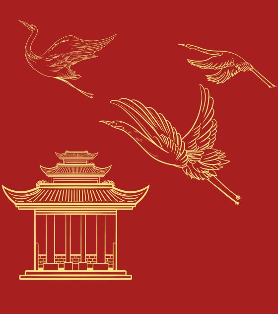 卡通中国风红色鹤凉亭元素