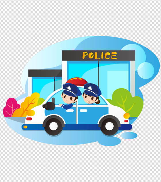 卡通蓝色警局门口男女警察元素