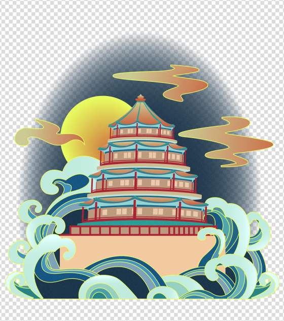 夕阳下的鎏金宝塔元素