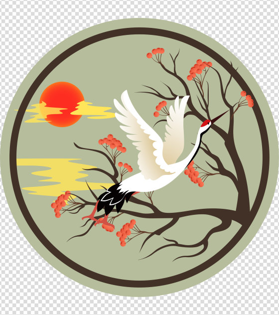 夕阳与仙鹤国画元素