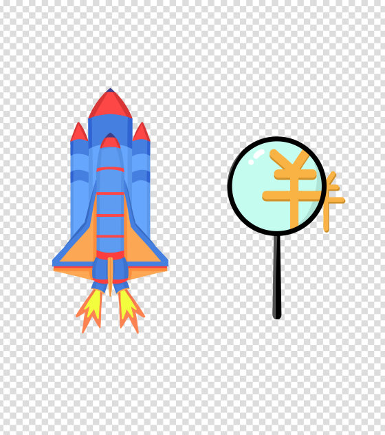 蓝色手绘火箭放大镜元素