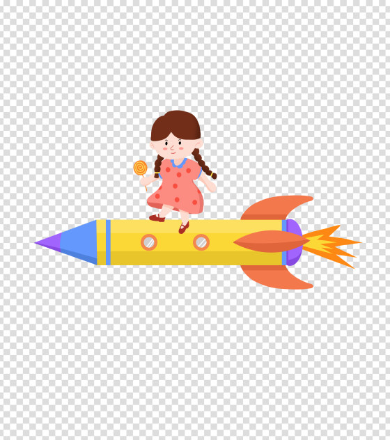 黄色可爱女孩站在火箭上元素