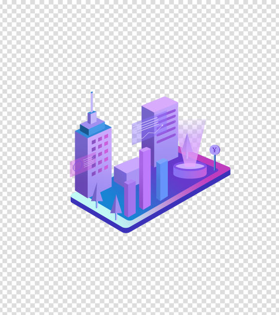 紫色手绘建筑园区元素