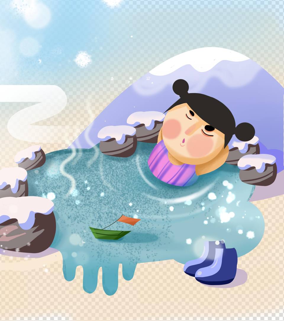 手绘小雪泡温泉小女孩