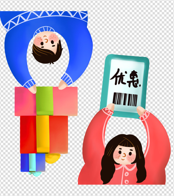 女孩男孩手举优惠券礼盒