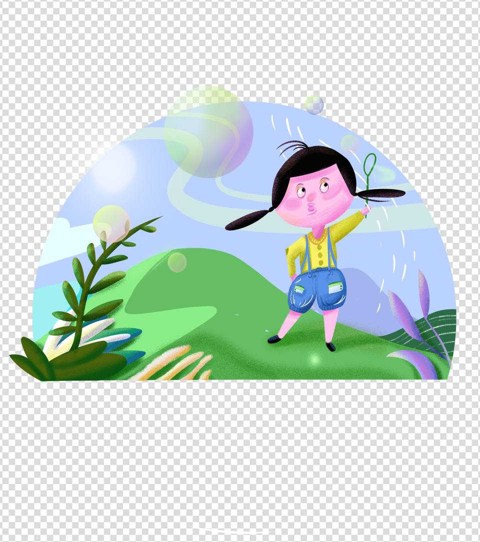 手绘吹泡泡小姑娘