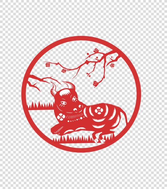 中国风剪纸喜庆红牛元素