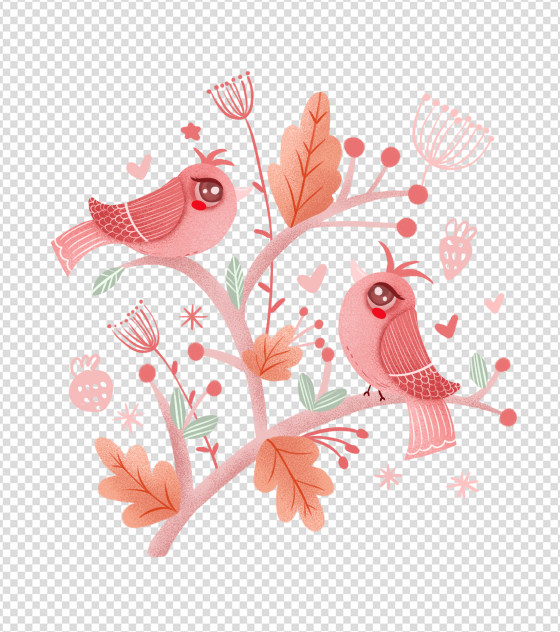 粉色树梢上的小鸟元素
